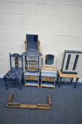 A SELECTION OF BLUE PAINTED FURNITURE, to include a chair, a pair of single drawer bedside cabinets,
