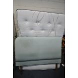 A SLUMBERLAND 5FT DIVAN BED AND MATRESS, with a teal headboard (condition report: general signs of