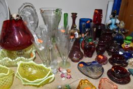 A GROUP OF COLOURED AND DECORATIVE GLASS WARE, to include a Whitefriars ruby Knobbly vase, a
