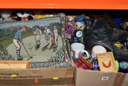 THREE BOXES AND LOOSE SPORT RELATED ITEMS, TOYS AND GAMES, to include a pair of black ice skates -