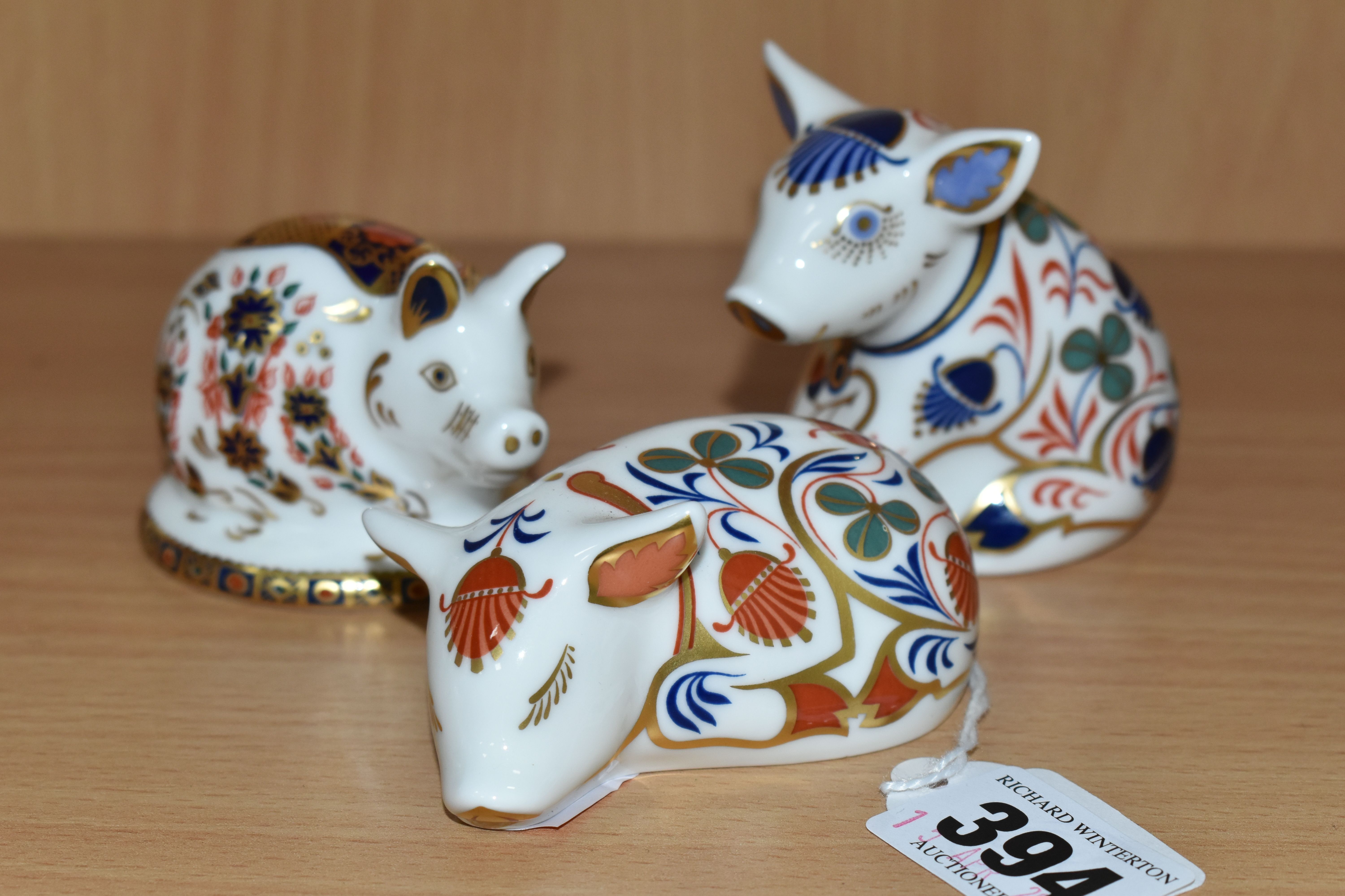 THREE ROYAL CROWN DERBY PIGLET PAPERWEIGHTS, comprising Piglet introduced 1996-1999, silver stopper,