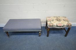 TWO EARLY 20TH CENTURY STOOLS, the larger stool with blue upholstery, raised on turned legs and
