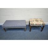 TWO EARLY 20TH CENTURY STOOLS, the larger stool with blue upholstery, raised on turned legs and