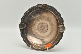 A WHITE METAL CONVERTED DISH/ASHTRAY, round dish, set to the centre is an '1825 Repub, Peruana. M.