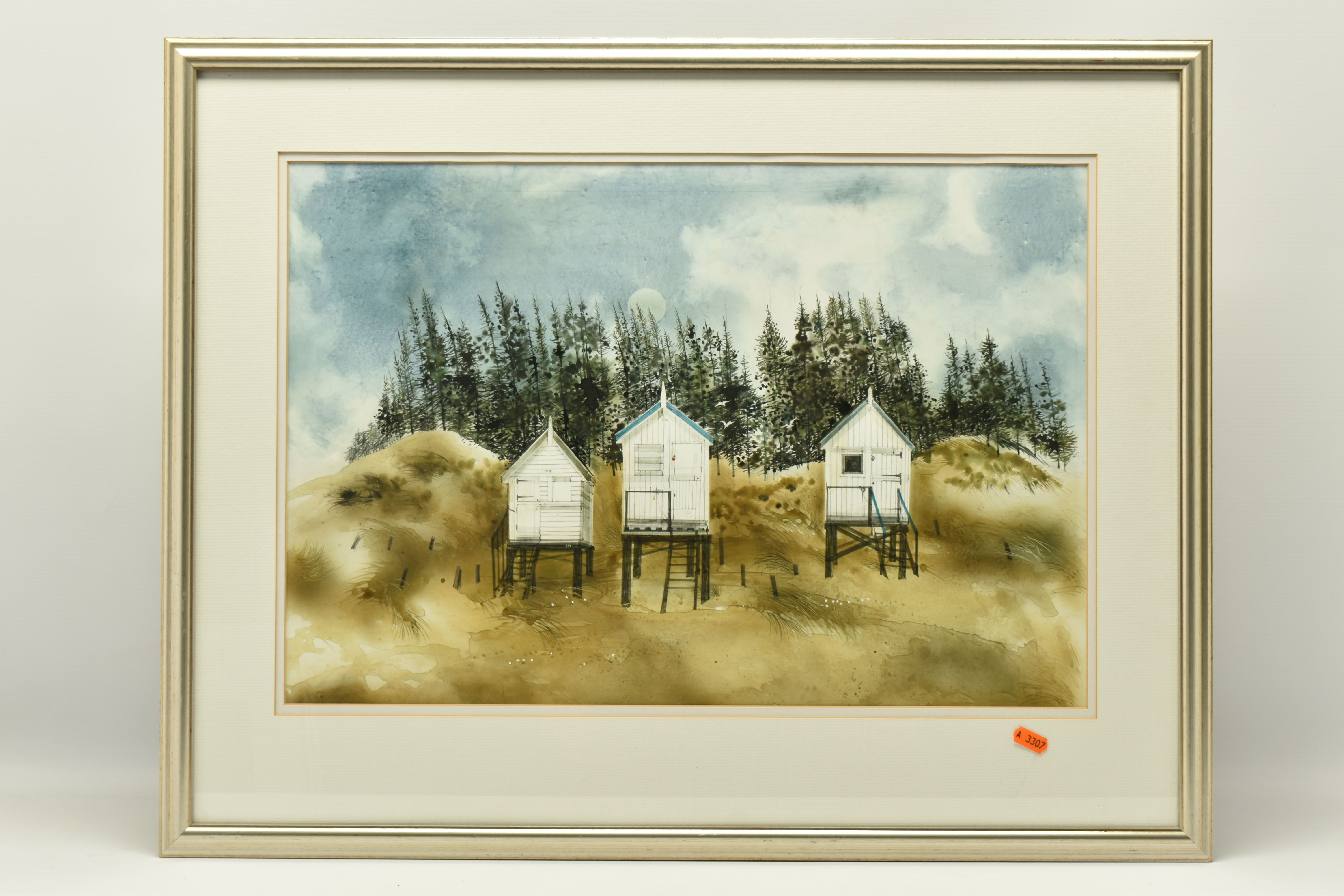 ATTRIBUTED TO RONALD MADDOX (1930-2018) 'BEACH HUTS, HOLKHAM - AUTUMN', a coastal landscape with