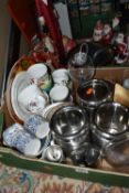 TWO BOXES OF GLASSWARE, CERAMICS, CHRISTMAS DECORATIONS, HOUSEHOLD ITEMS AND THREE LOOSE PICTURES,