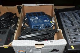TWO BOXES AND LOOSE OF SHOWTEC AND TRANSCENSION LIGHTING DIMMER PACKS AND CONTROL BOARD, CABLING,