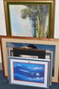 A SMALL SELECTION OF PAINTINGS AND PRINTS, comprising a Joseph Fruhmesser oil on canvas landscape