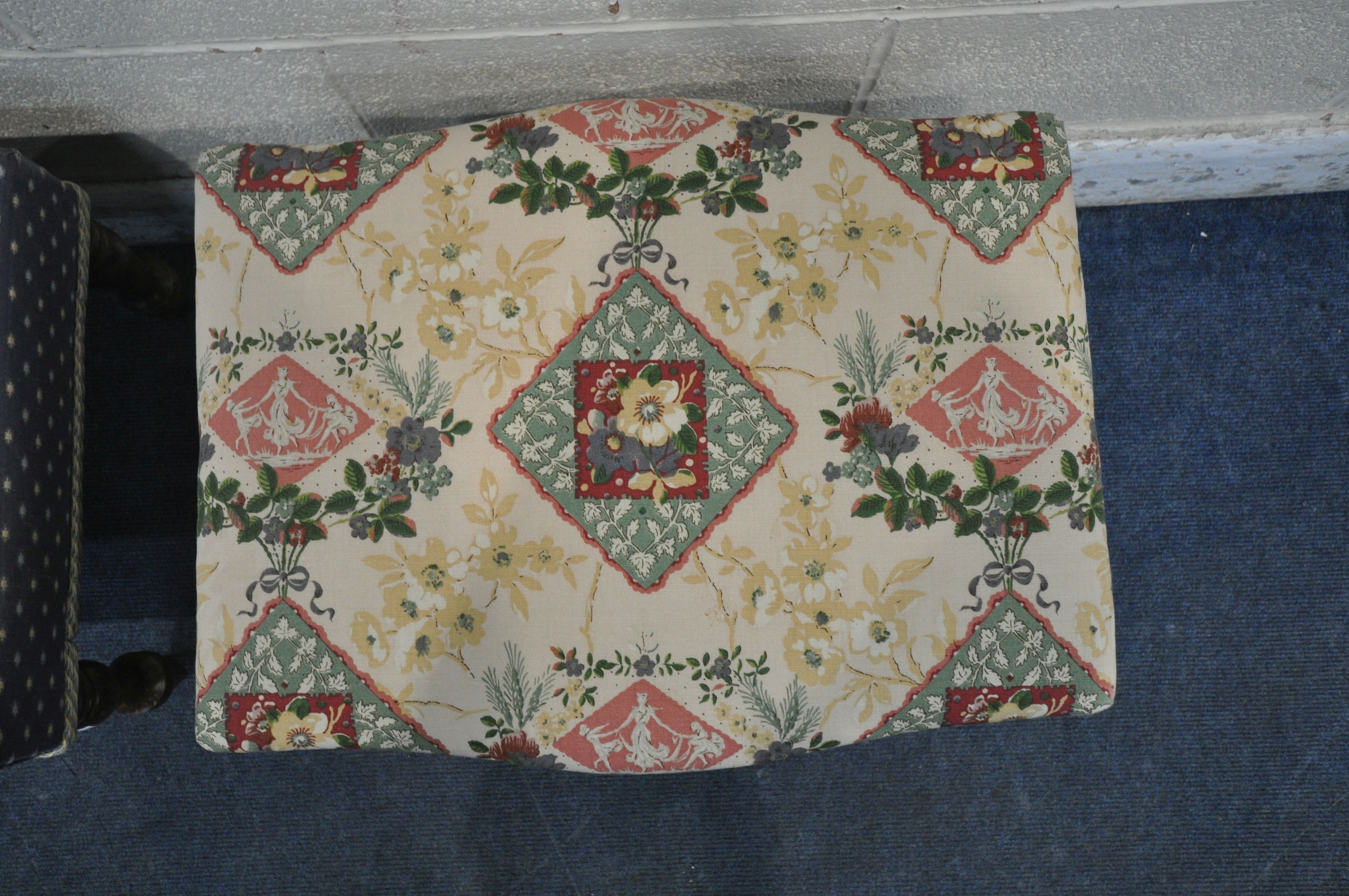 TWO EARLY 20TH CENTURY STOOLS, the larger stool with blue upholstery, raised on turned legs and - Image 4 of 4