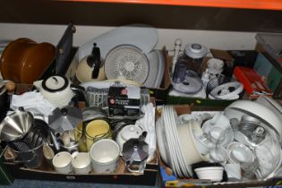 EIGHT BOXES AND LOOSE KITCHENWARE, to include two Le Creuset charcoal grey rectangular stoneware
