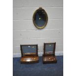 A GEORGIAN MAHOGANY BOW FRONT DRESSING TABLE MIRROR, with twin finial, three drawers, width 47cm x