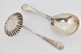 TWO SILVER SPOONS, the first a George III silver caddy spoon with engraved M initial to the