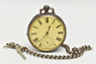 A SILVER OPEN FACE POCKET WATCH AND ALBERT CHAIN, the key wound pocket watch, round white Roman