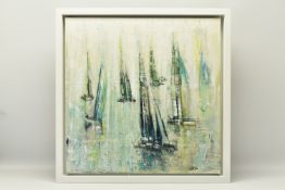 GILL STORR (BRITISH CONTEMPORARY) 'STAND STILL' six yachts under sail, signed bottom right, mixed