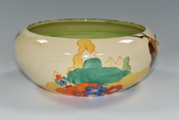 A CLARICE CLIFF 'ALTON' DESIGN BOWL, green, orange and brown banding inside, diameter 20cm, black