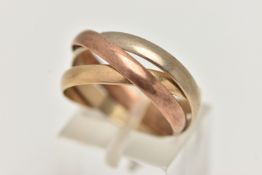 A 9CT GOLD TRI COLOUR RUSSIAN WEDDING RING, a white gold, yellow gold and rose gold ring all