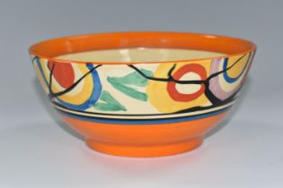 A FANTASQUE CLARICE CLIFF CIRCLE TREE PATTERN CIRCULAR BOWL, orange band to the inner rim,