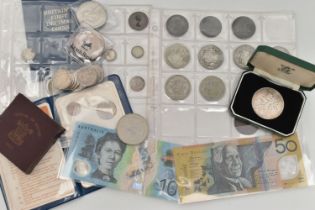 A SMALL CARDBOARD BOX CONTAINING AUSTALIA BANKNOTES WITH MIXED COINAGE, to include a Royal Mint