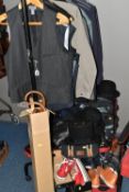 A COLLECTION OF MEN'S CLOTHING AND LUGGAGE, comprising two graduated red 'Constellation'