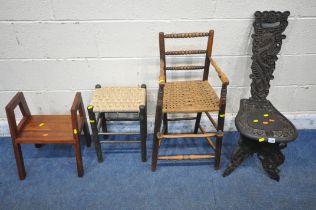 AN ORIENTAL CARVED CHAIR, with dragon and other carved details, a child's rush seated high chair,