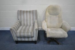 A MODERN ARMCHAIR, with stripped upholstery, width 79cm x depth 85cm x height 90cm, along with a