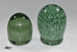 TWO VICTORIAN GREEN GLASS DUMP WEIGHTS, the larger with controlled bubble inclusions, height 12cm,