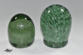 TWO VICTORIAN GREEN GLASS DUMP WEIGHTS, the larger with controlled bubble inclusions, height 12cm,