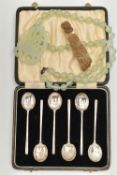 A CASED SET OF SILVER COFFEE SPOONS AND HARDSTONE JEWELLERY, six silver spoons, hallmarked '