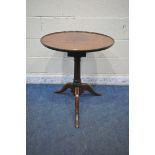 A GEORGIAN MAHOGANY DISH TOP TRIPOD TABLE, with a birdcage style mechanism, raised on a turned