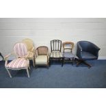 A 20TH CENTURY SWIVEL TUB OFFICE CHAIR, with dark blue leather upholstery, two French armchairs, a