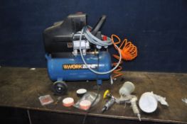 A WORKZONE AIR COMPRESSOR with two spray guns and pneumatic sander/polisher (PAT pass and working)
