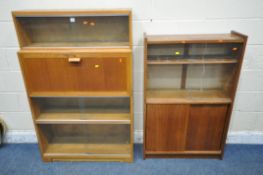 A MINTY MID CENTURY OAK SECTIONAL BUREAU BOOKCASE, three sections with double glazed sliding