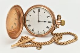 A ROLLED GOLD FULL HUNTER 'ELGIN' POCKET WATCH WITH ALBERT CHAIN, manual wind, round white dial