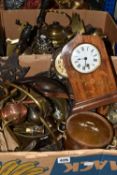 TWO BOXES OF METALWARE, to include a copper kettle, pots and ornaments, brass postal scales with