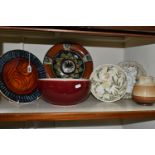 SIX PIECES OF 19TH AND 20TH CENTURY CERAMICS, comprising a Poole pottery abstract footed platter,