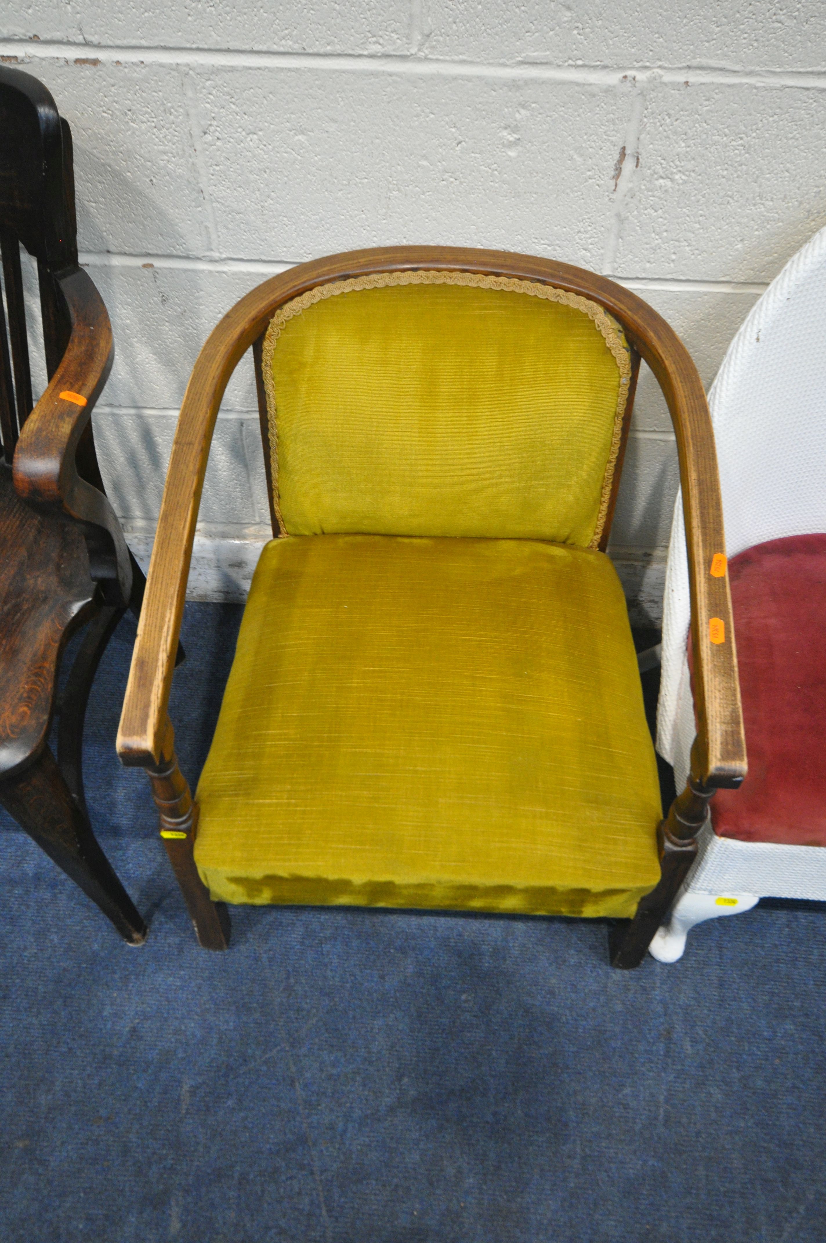 A PAIR OF OAK ARMCHAIRS, with open armrests, shaped legs, united by stretchers, a low armchair, a - Image 3 of 4