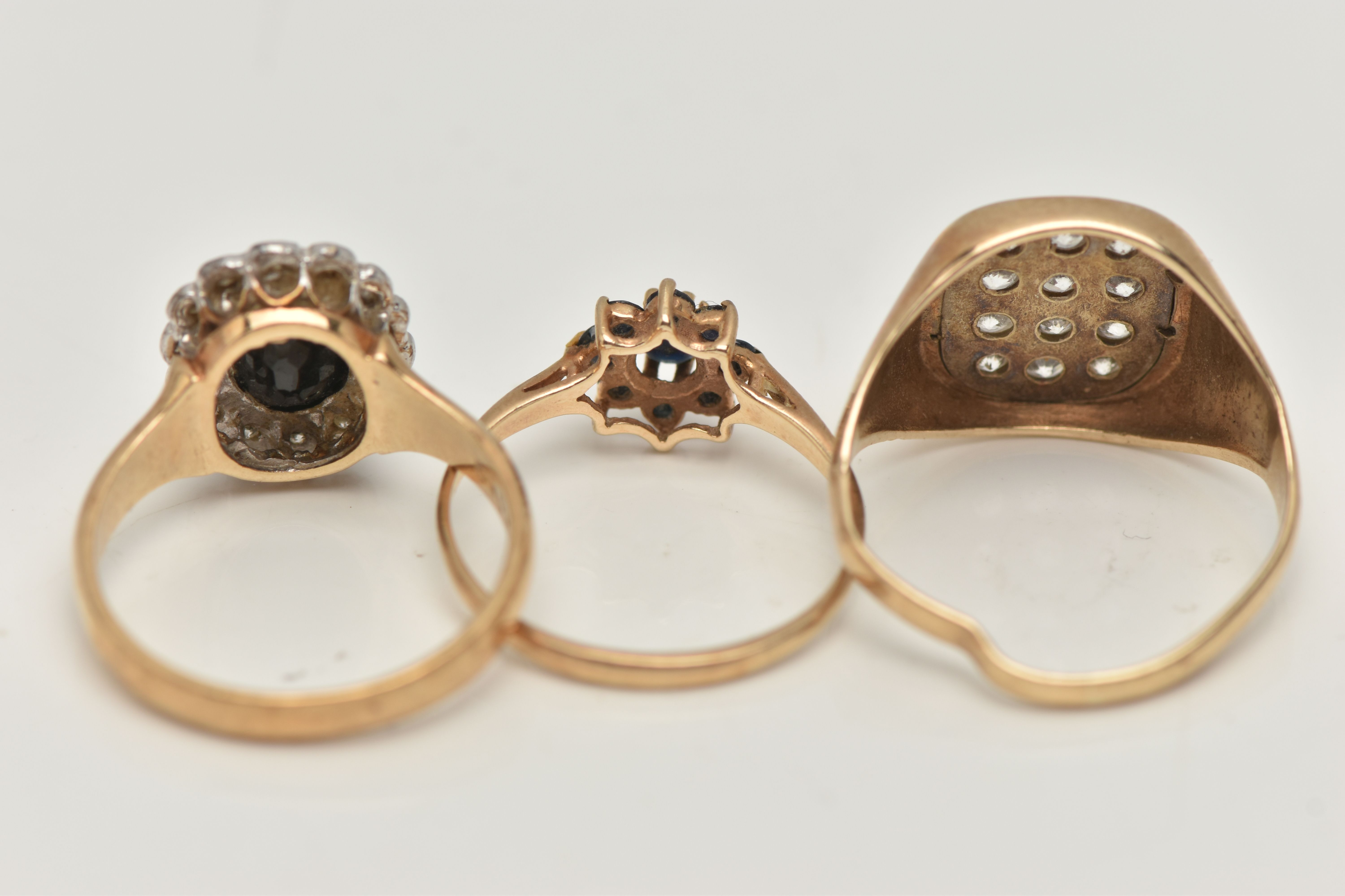 THREE 9CT GOLD GEM SET RINGS, the first a cubic zirconia AF signet ring, misshapen shank, hallmarked - Image 4 of 4