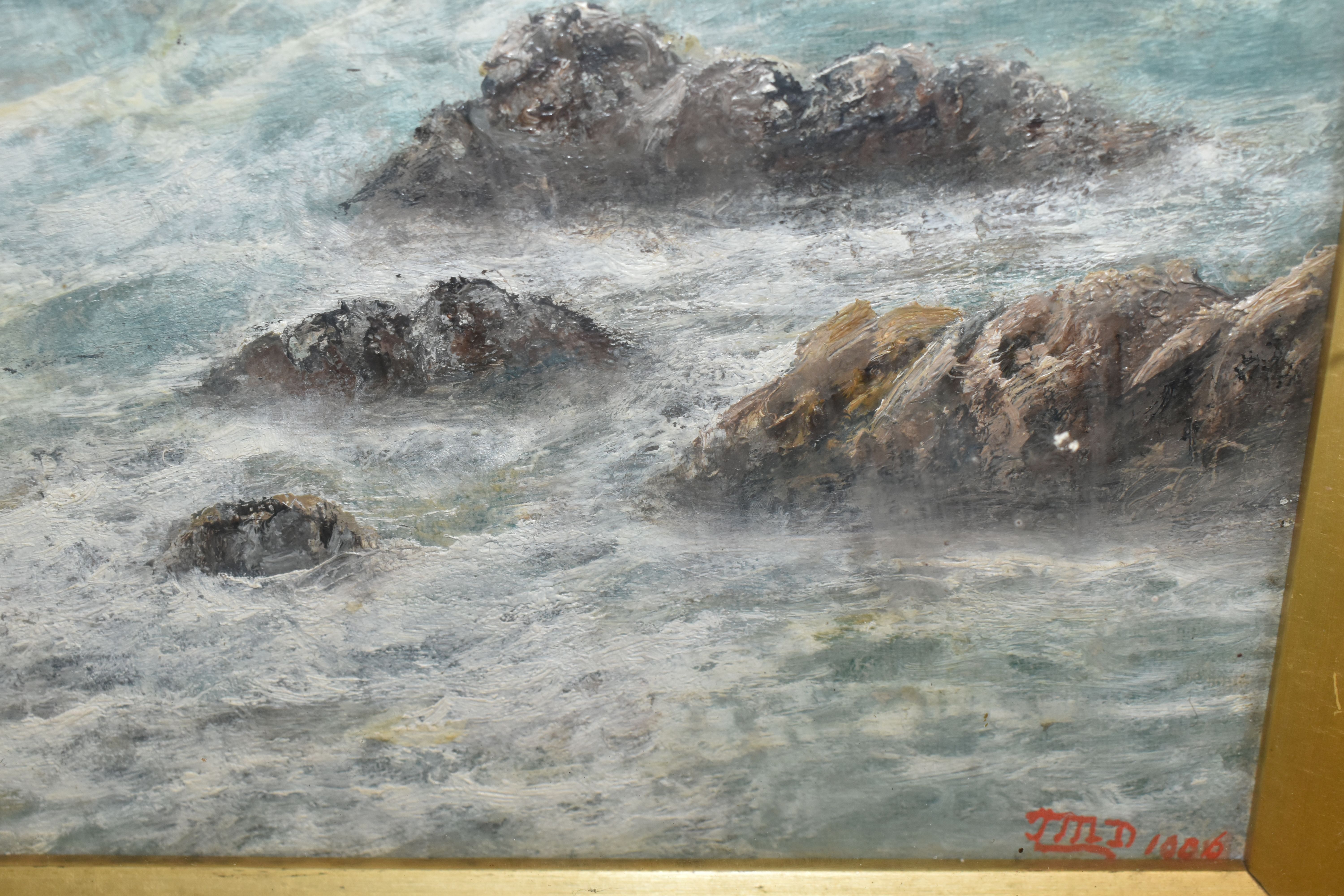 AN EARLY 20TH CENTURY SEASCAPE, INITIALLED AND DATED JMD 1906, depicting a ruined castle on a - Image 8 of 8