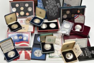 A CARDBOARD BOX OF MIXED COINAGE, to include Silver and Silver Proof coins, Falkland Mount