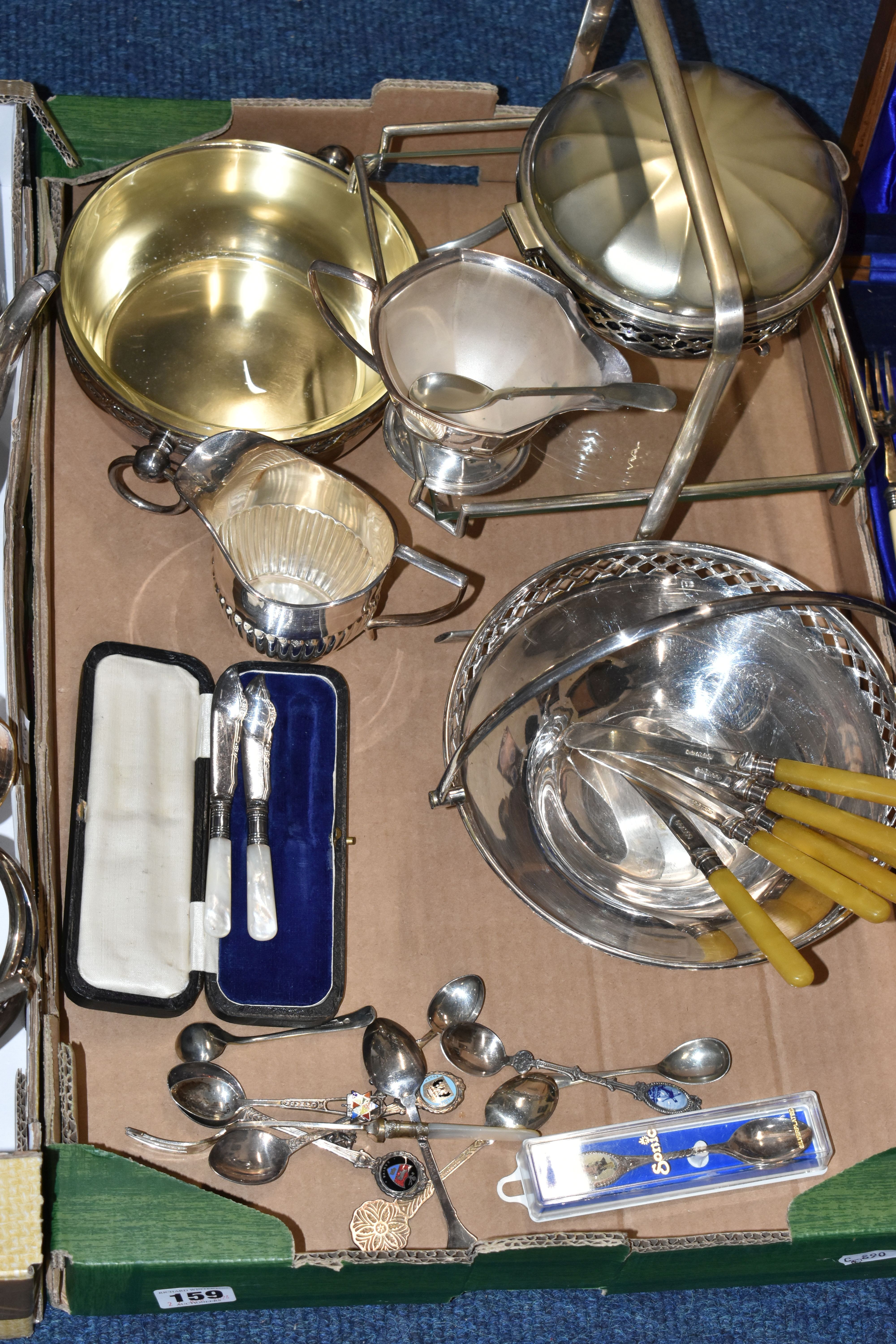 TWO BOXES OF ASSORTED WHITE METAL WARE, to include an EPNS circular tray with wavy outline, - Image 3 of 8