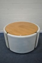 A MID CENTURY CIRCULAR DINING TABLE, diameter 120cm x height 75cm, along with a set of four beige