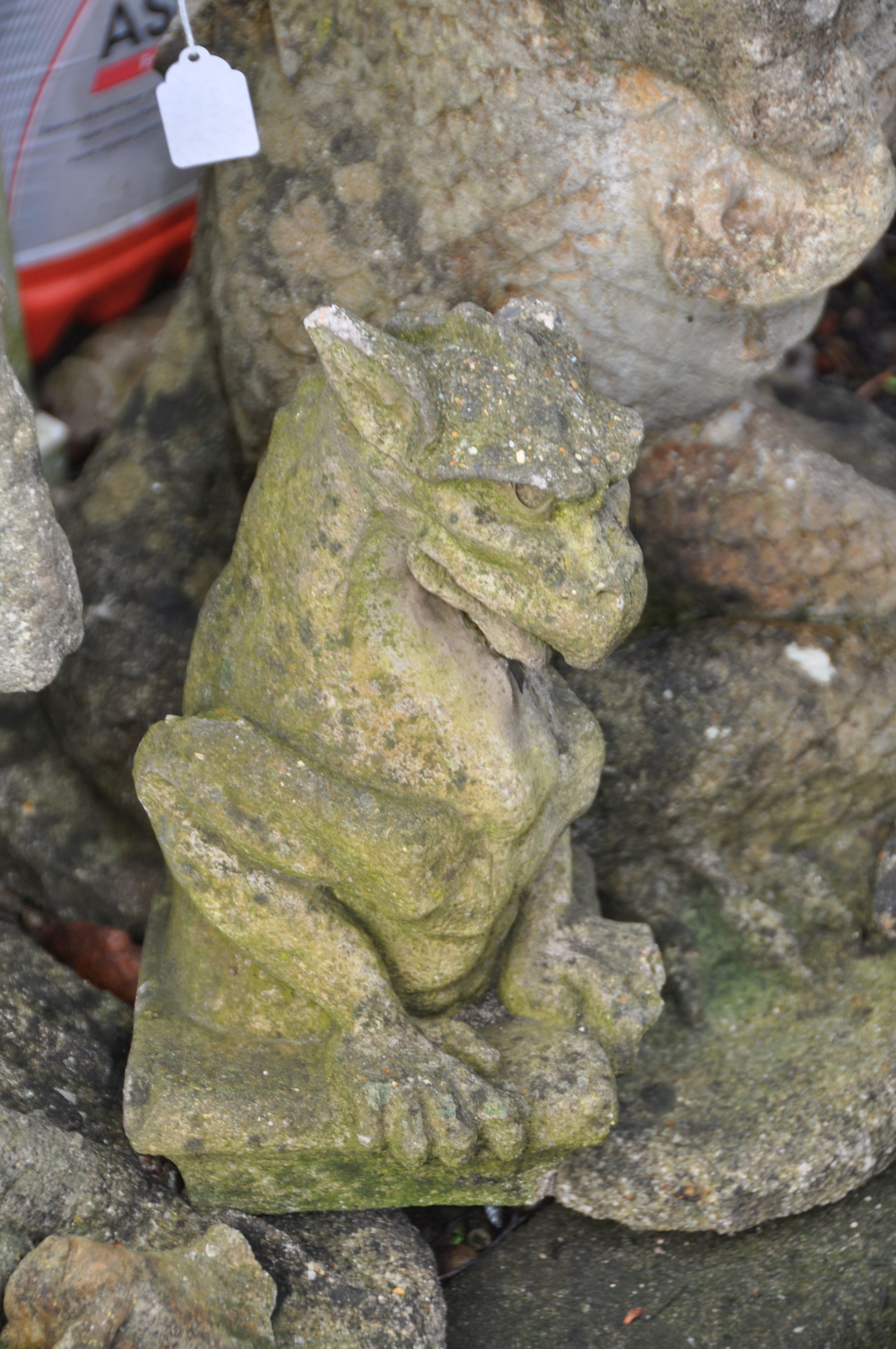 A COLLECTION OF MODERN COMPOSITE GARDEN FIGURES including two damaged dragons 66cm high, two other - Image 6 of 7