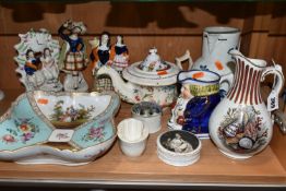 A GROUP OF NINETEENTH CENTURY POTTERY AND PORCELAIN, to include a square hand painted Dresden