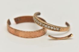 TWO BROKEN RINGS, the first a 9ct band ring, 9ct hallmark for London 1988, band split, the second