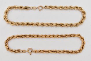 TWO 9CT GOLD ROPE TWIST BRACELETS, hollow bracelets, the first fitted with a spring clasp,