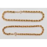 TWO 9CT GOLD ROPE TWIST BRACELETS, hollow bracelets, the first fitted with a spring clasp,
