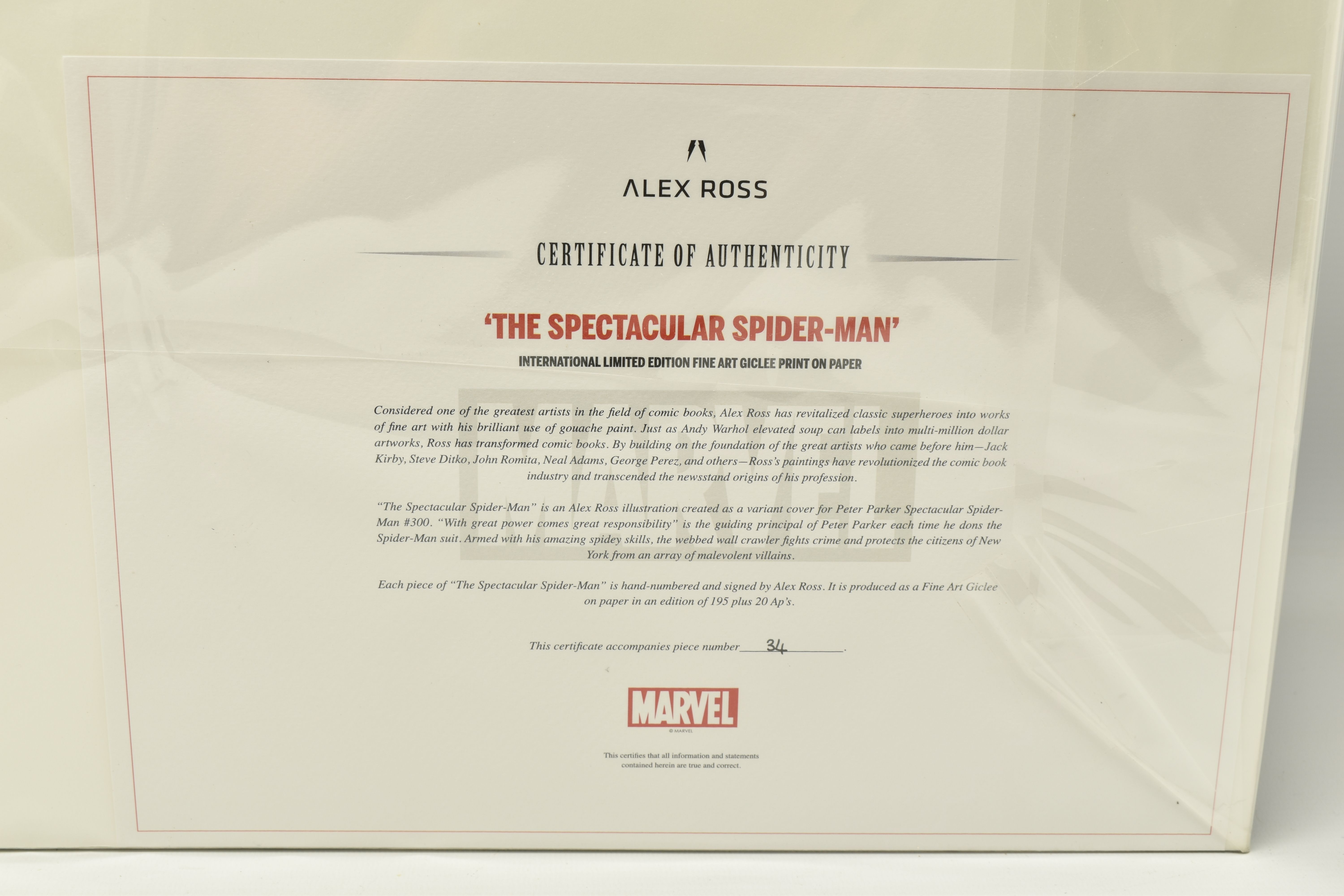 ALEX ROSS FOR MARVEL COMICS (AMERICAN CONTEMPORARY) 'THE SPECTACULAR SPIDERMAN', a signed limited - Image 4 of 5