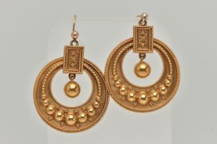 A PAIR OF MID VICTORIAN DROP EARRINGS, of circular outline with graduated beaded line and rope twist