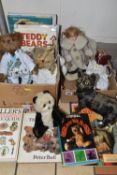 A QUANTITY OF ASSORTED SOFT TOYS AND DOLLS ETC., to include Chiltern bear, with worn label to left