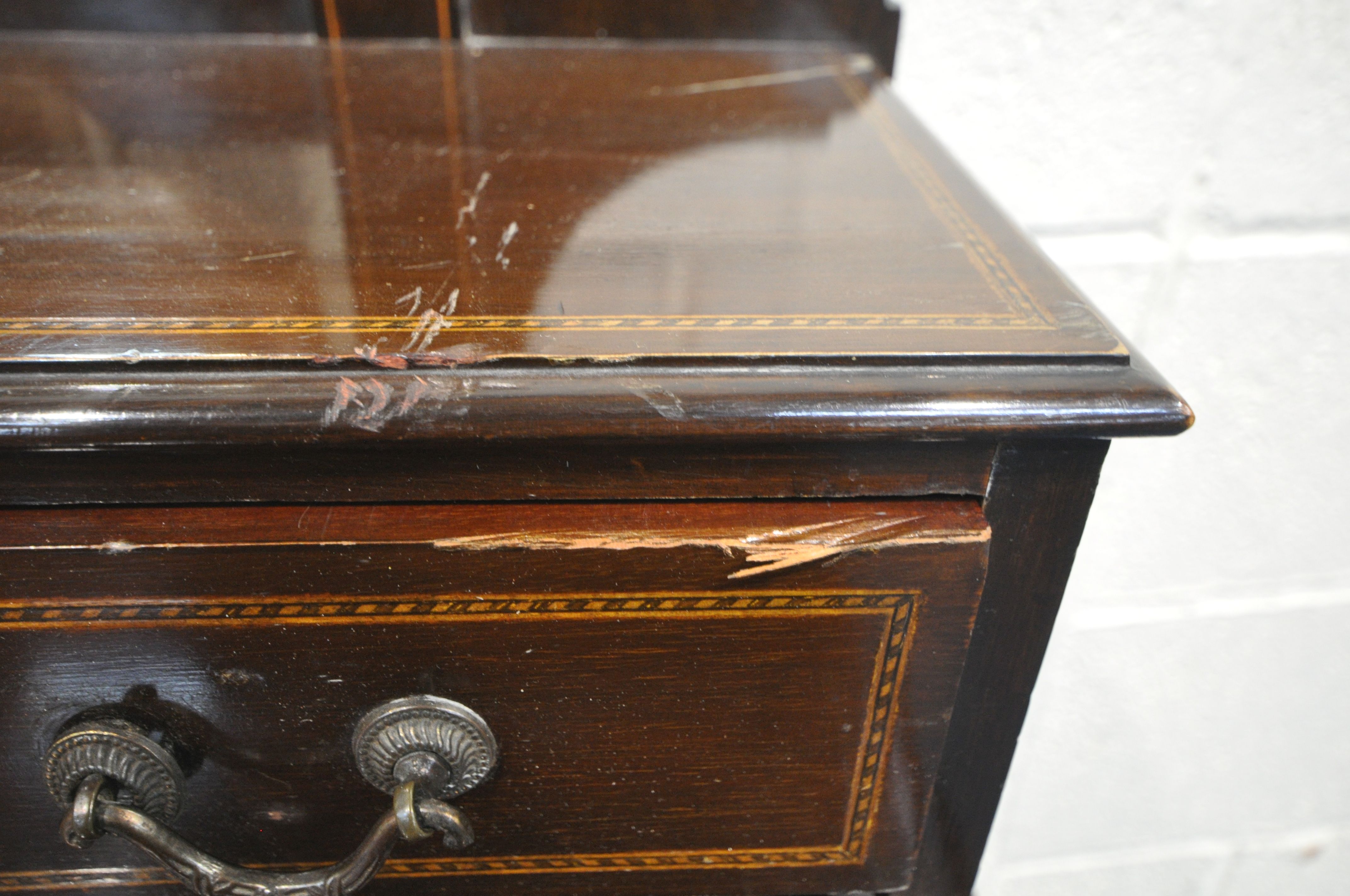 AN EDWARDIAN MAHOGANY AND INLAID DRESSING CHEST, with a single mirror, fitted with seven drawers, on - Image 2 of 5